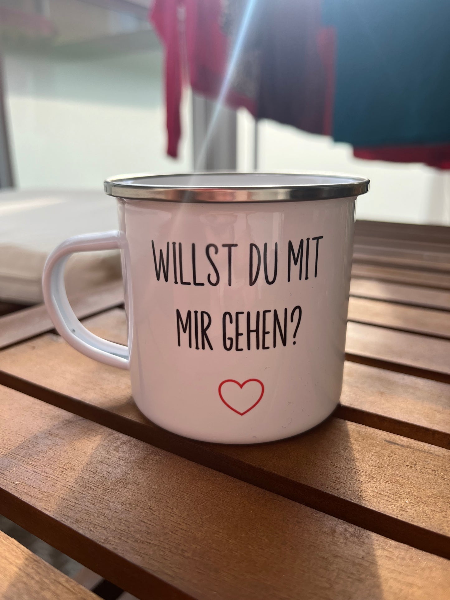 Emaille Tasse „Willst du ..?“