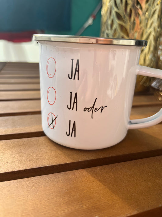 Emaille Tasse „Willst du ..?“