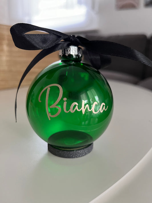 Christbaumkugel Grün Durchsichtig, goldene Schrift, 7cm Durchmesser 
