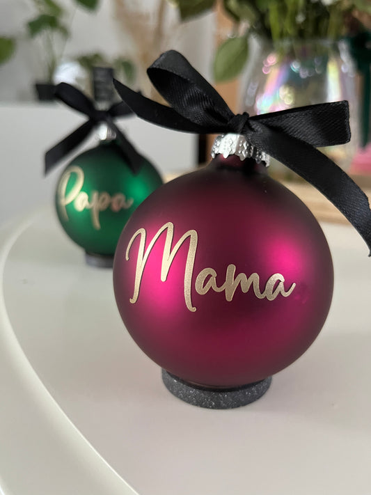 Christbaumkugel Dunkelpink Matt mit goldener Schrift, 6-8 cm Durchmesser