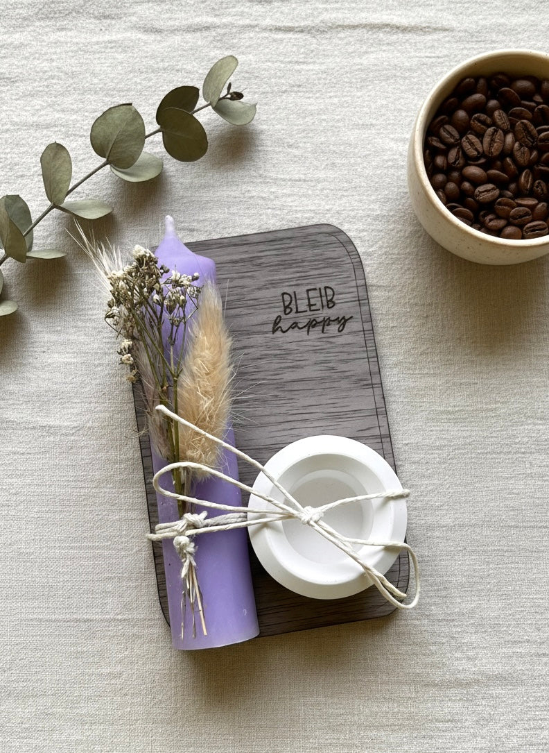 Geschenkset „Happy Moments“ Holztablett mit Kerze & Trockenblumen