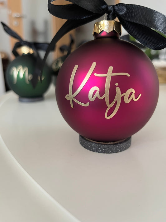 Christbaumkugel Dunkelpink Matt mit goldener Schrift, 6-8 cm Durchmesser
