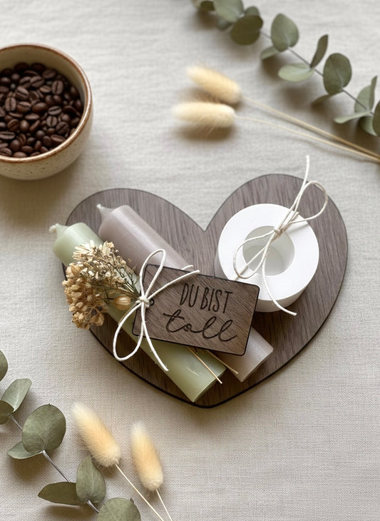 Geschenkset "Herzensmensch" Holzherz mit Stabkerzen & Gravur