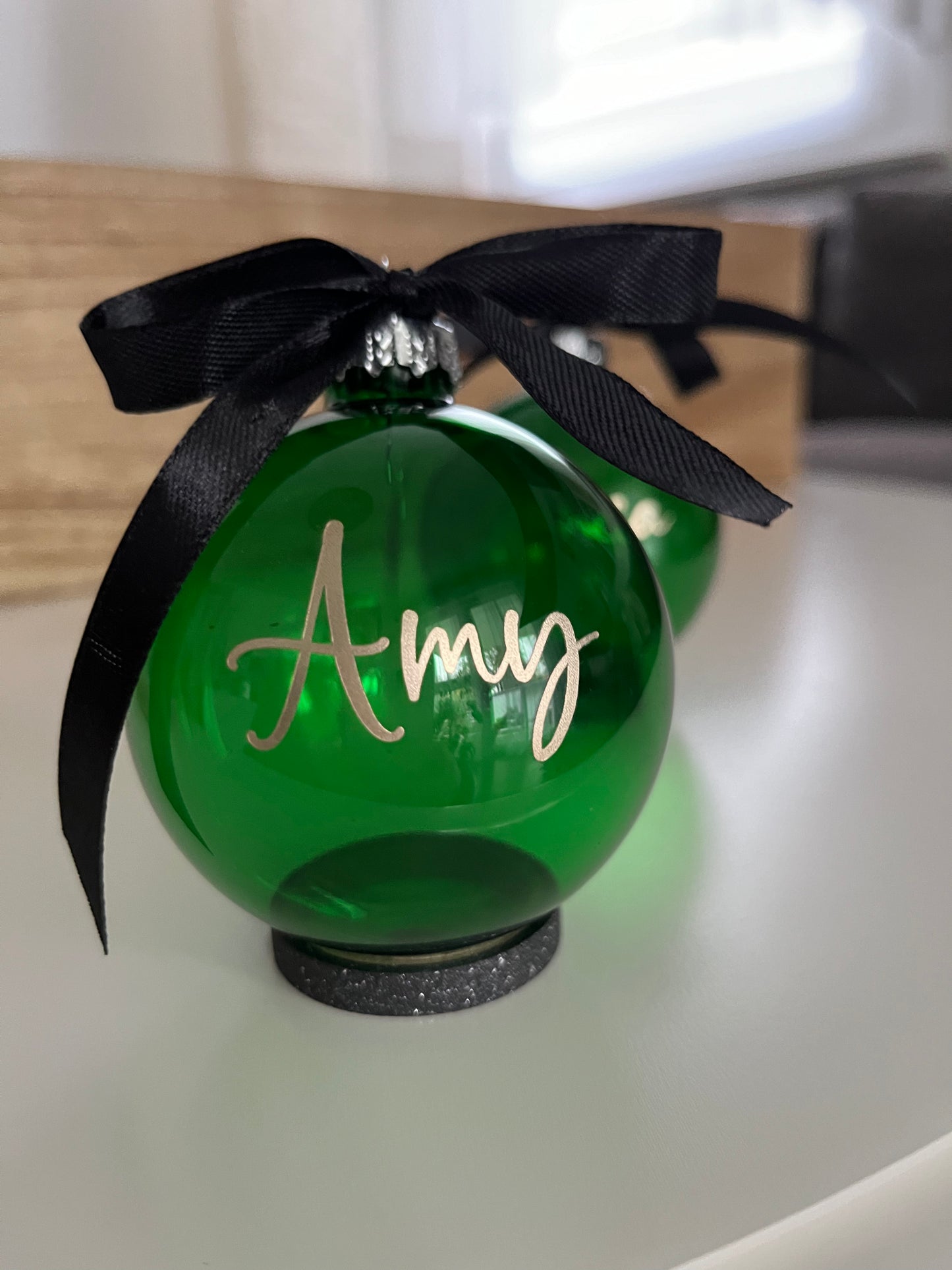 Christbaumkugel Grün Durchsichtig, goldene Schrift, 7cm Durchmesser ￼