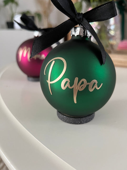 Christbaumkugel Dunkelgrün Matt mit goldener Schrift, 7cm Durchmesser