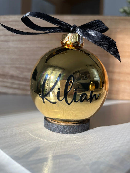 Christbaumkugel Gold Glänzend mit schwarzer Schrift, 7cm Durchmesser ￼