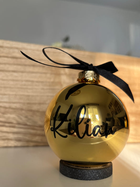 Christbaumkugel Gold Glänzend mit schwarzer Schrift, 7cm Durchmesser ￼