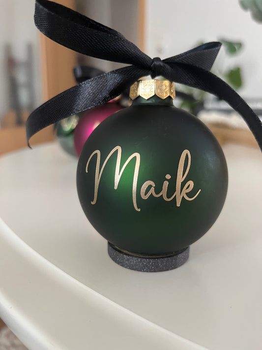 Christbaumkugel Dunkelgrün Matt mit goldener Schrift, 7cm Durchmesser