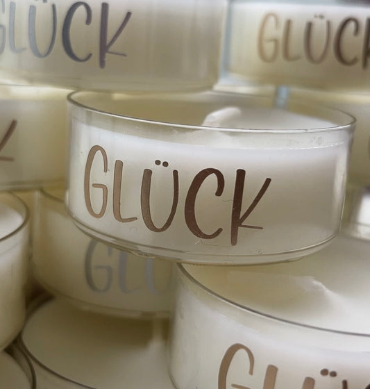 Großes Teelicht GLÜCK in Gold matt