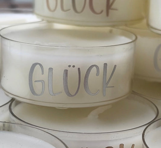 Großes Teelicht GLÜCK in Silber matt